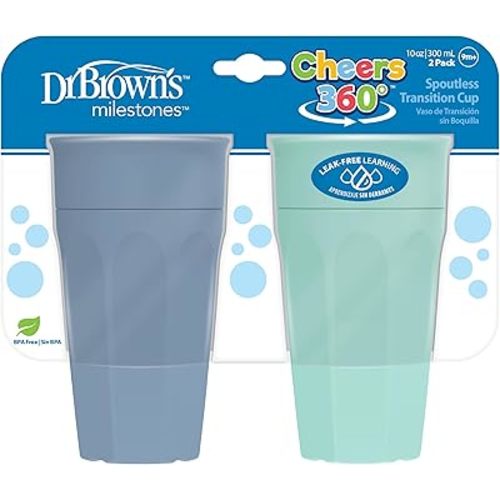 Dr. Brown's Milestones Cheers 360 Training Cup for Toddlers & Babies, Leak-Free Sippy Cup, Blue/Aqua, 10oz/300mL, 9m+, 2 Pack (Colors May Vary)