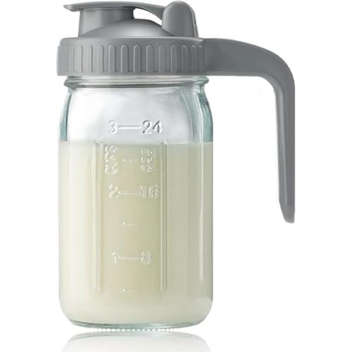 Breast Milk Pitcher Jug Glass Mason Jar Airtight Pitcher with Pour Spout Handle for Breastmilk, Iced Tea, Ice Drinks Storage Container (Gray, 32oz)