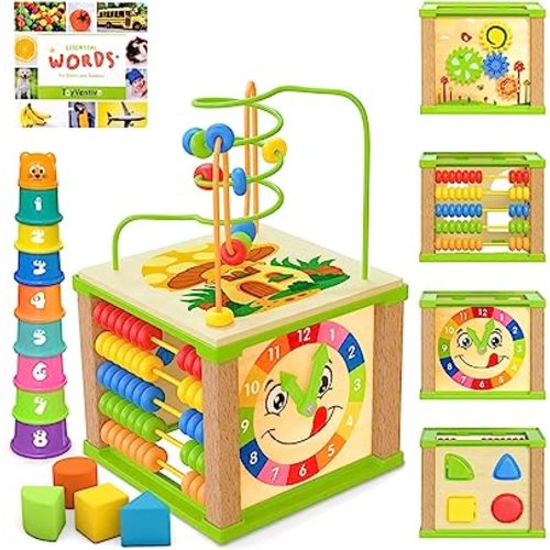 TOYVENTIVE Wooden Activity Cube, Montessori Toys, Multipurpose Educational Sensory Toy for 1-2 Year Old Baby, Toddler, Kid, Boy | Birthday Gift | Bonus First Words Book