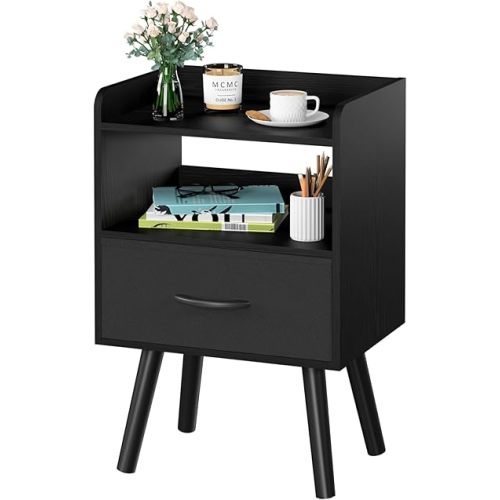 Yoobure Night Stand with Fabric Drawer, Modern Nightstand, Bedside Tables, Mid Century Nightstands with Open Storage Shelf, Wood Bedside Table, Small Night Stands for Bedrooms, 2-Tier Night Table