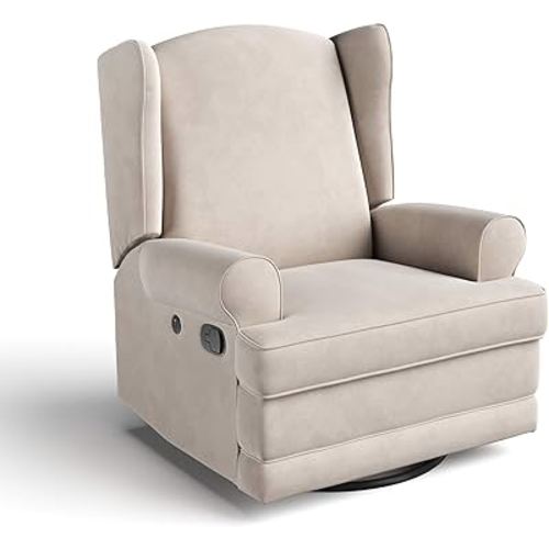Storkcraft Serenity Upholstered Swivel Glider with USB Charging Port (Ivory) – Fully Upholstered Wingback Nursery Glider Recliner with Manual Recline Function, 2 USB Charging Ports, 360 Swivel Base