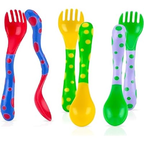 Nuby Fun Feeding Toddler Spoons and Forks 6 Pack - Green, Yellow, Red