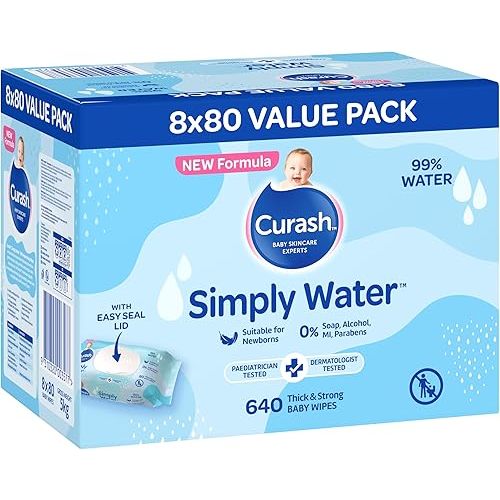 New Formula Curash Simply Water Baby Wipes, 8x80 Pack, Suitable for Newborns, 99% Purified Water, No Soap, Alcohol or Parabens, Thick & Soft Texture, Everyday Cleansing and Nappy Changes, 640 Wipes