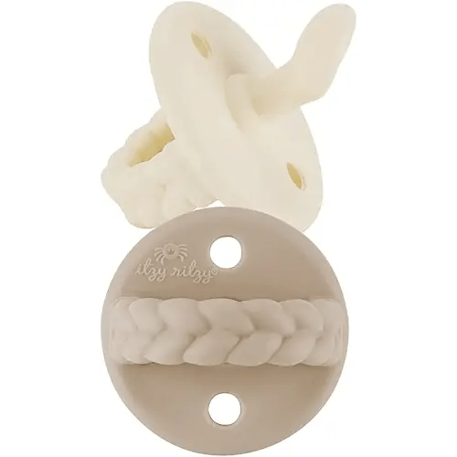 Itzy Ritzy Silicone Orthodontic Pacifiers - Sweetie Soother Pacifiers with Collapsible Handle & Two Air Holes for Added Safety, Baby Pacifiers for Ages 0-6 Months (Buttercream & Toast)