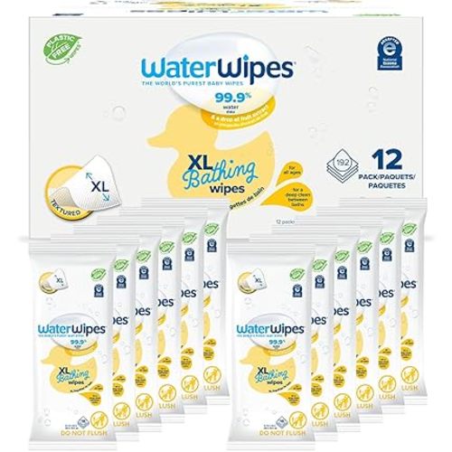 WaterWipes Plastic-Free XL Bathing Wipes for toddlers & babies, 99.9% Water Based Wipes, Unscented & Hypoallergenic for Sensitive Skin, 192 Count (12 pack), Packaging May Vary