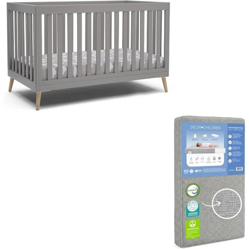 Delta Children Essex 4-in-1 Baby Crib & Mattress, Grey/Natural