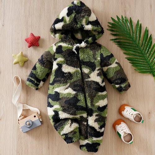 Baby's Camouflage Pattern Fuzzy Warm Zip Up Hooded Bodysuit, Casual Comfy Long Sleeve Onesie, Toddler & Infant Girl's Clothing for Fall Winter, Perfect for Outdoor