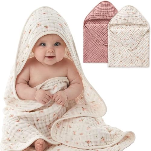Blissful Diary Muslin Baby Hooded Towel 2 Pack, Soft & Absorbent Bath Towel for Baby Girls, Infant Gift, Newborn Essentials, Pink Floral & Light Pink