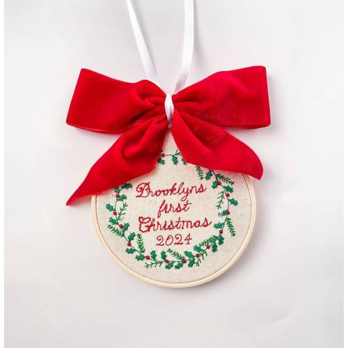 Custom Baby's First Christmas Embroidery Ornament with Velvet Bow
