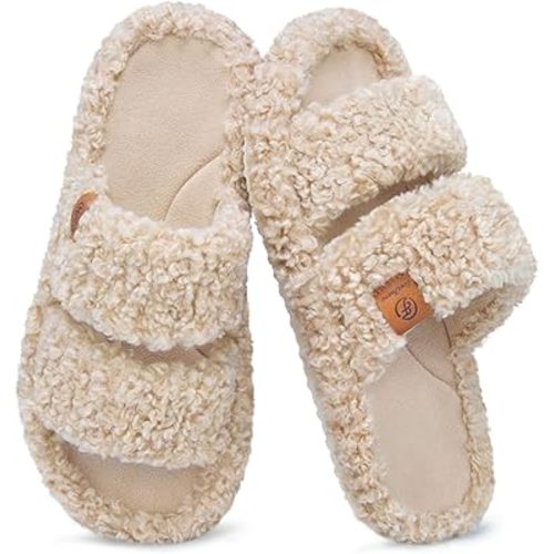 EverFoams Womens Fuzzy Open-toe Slippers Soft Comfy Memory Foam Indoor House Shoes