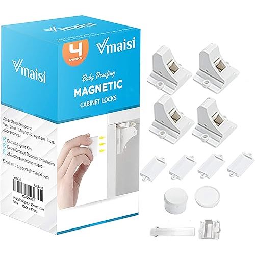 Child Safety Magnetic Cabinet Locks - vmaisi 4 Pack Adhesive Baby Proofing Cabinets & Drawers Latches