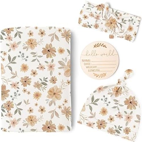 Konssy Baby Girl Newborn Receiving Blanket with Matching Headband and Beanie Set Baby Swaddle Floral Print Nursery Swaddle Wrap