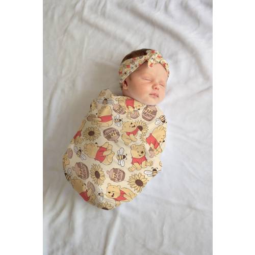 Winnie the Pooh Swaddle and bow set newborn, Swaddle and hat set, Newborn girl hospital reveal outfit, baby shower gift, stretchy swaddle