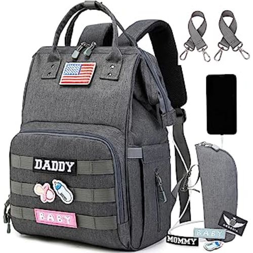 QWREOIA Diaper Bag Backpack with USB Charging Port Stroller Straps and Insulated Pocket,army military Travel Nappy Backpack for Dad/Mom (Dark Grey)