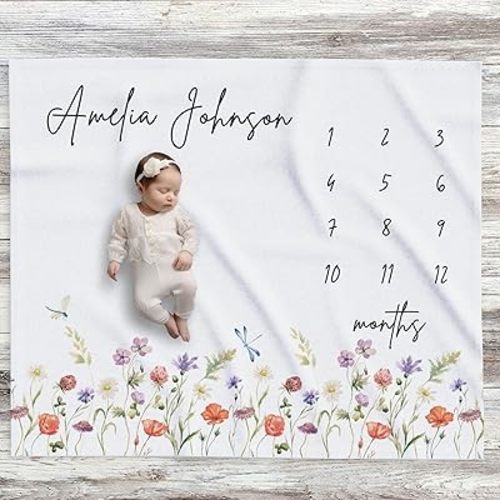 Personalized Wildflower Baby Milestone Blanket, Floral Custom Month Blanket with Name, 30"x40" Microfiber Fleece, White