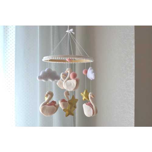 Baby crib mobile with swan , stars and clouds  Personalized girl baby mobile , ballet nursery decor