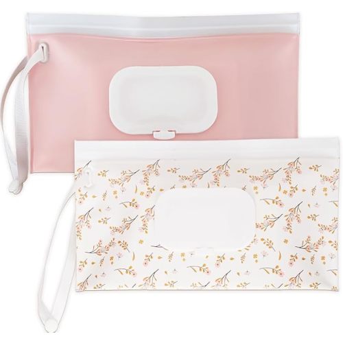 Wipe Dispenser and Wipes Container, 2 Pack Reusable Wipes Holder and Travel Wipes Case, Refillable Pouch for Baby Essentials, blush& bow Design (Blush)