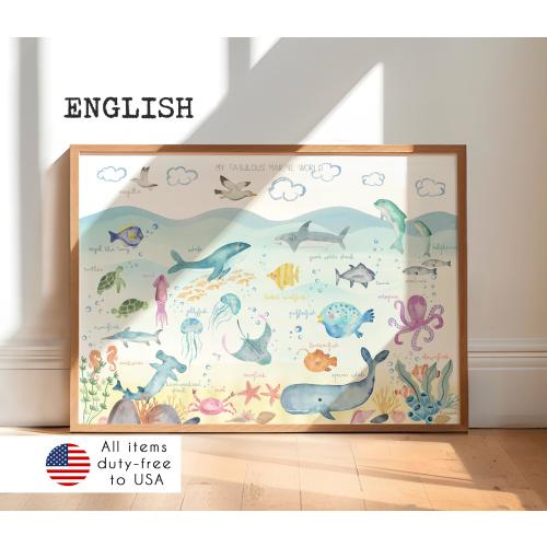 Marine Life Baby Decor | Ocean Animals Poster in ENGLISH | Educational Sea Creature Print for Kids' Room & Nursery Wall Art | Sea Life Lover