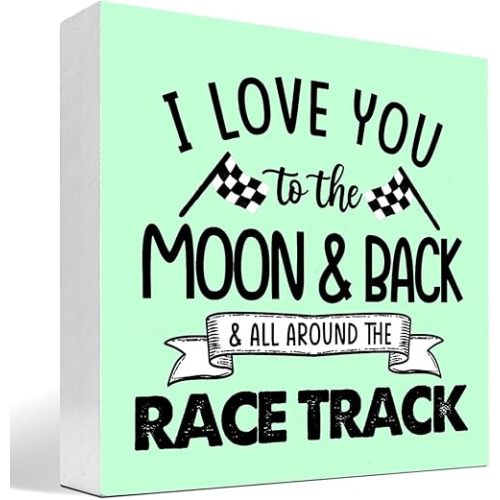 z-crange I Love You To The Moon And Back And All Around The Race Track Wood Box Sign Desk Decor,Farmhouse Racing Checkered Flags Box Block Sign for Home Boys Room Shelf Table Decor Decorations Green