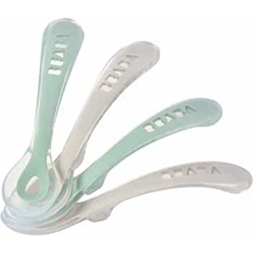 BEABA Second Stage Silicone Spoons for Self Feeding Babies, The Original Soft Tip Silicone Spoons, BPA Lead Phthalate and Plastic Free, Great Gift Set (4 Pack) (Sage)