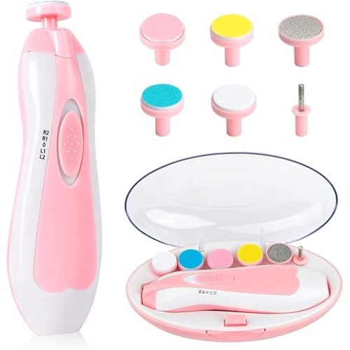 Baby Nail File Clippers Electric: Baby Nail Trimmer Electric Kit Fingernails Toes Care Manicure 6-in-1 Set with LED Light Safe for Newborn Kids and Adult Pin