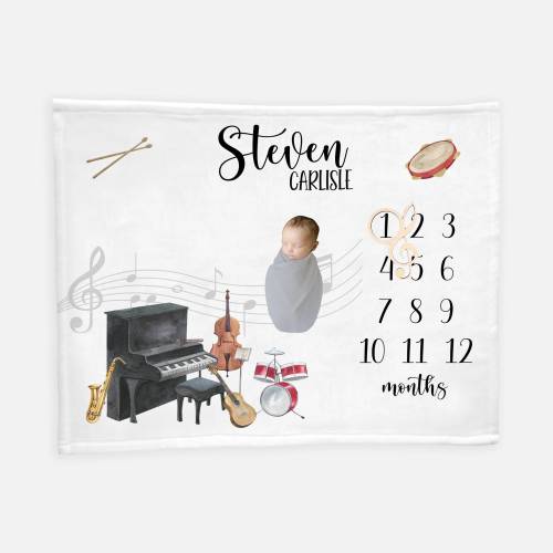 Music Milestone Blanket, Musical Instrument Milestone Blanket, Future Musician Blanket, Personalized Baby Blanket, Music Note Blanket B34