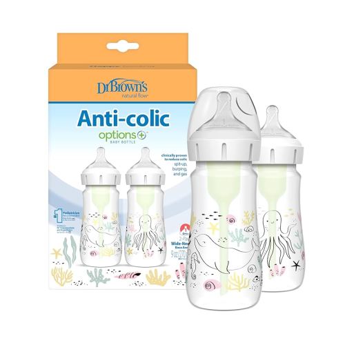 Dr. Brown’s Natural Flow Anti-Colic Options+ Wide-Neck Baby Bottle Designer Edition Bottles, Ocean Decos, 9 oz/270 mL, Level 1 Nipple, 2-Pack, 0m+