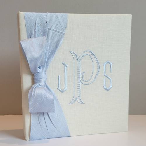 Ivory Linen with Ice Blue Ribbon and Ice Blue Thread Baby Memory Book, My First Years, Monogrammed Baby Book, Silk Baby Book