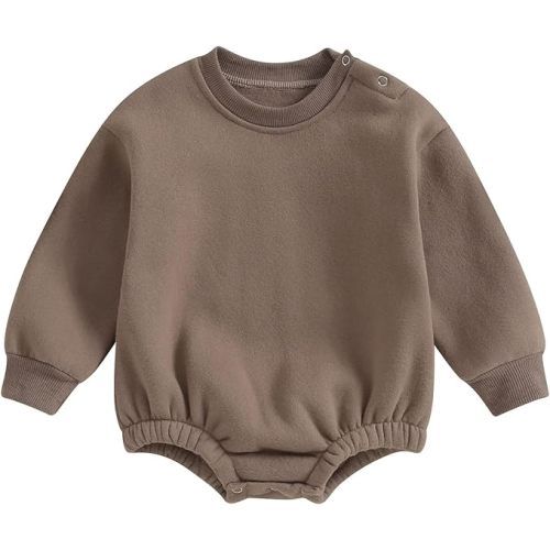 Gueuusu Newborn Warm Sweatshirt Romper Baby Boy Girl Solid Crewneck Long Sleeve Fleece Sweater Bodysuit Thick Winter Clothes