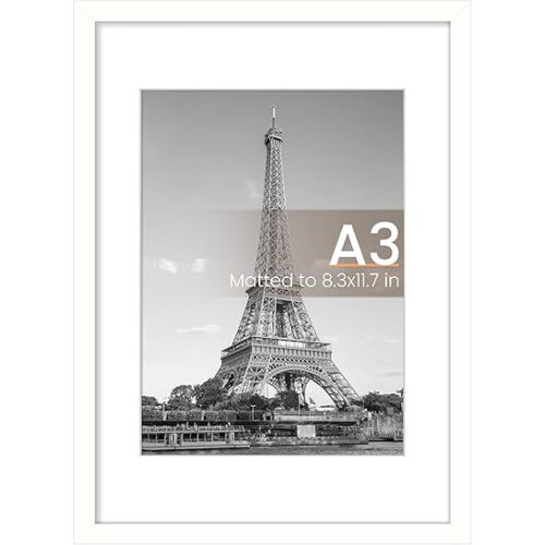 upsimples A3 Picture Frame, Display Pictures 8.3x11.7 with Mat or 11.7x16.5 Without Mat, Wall Hanging Photo Frame, White, 1 Pack