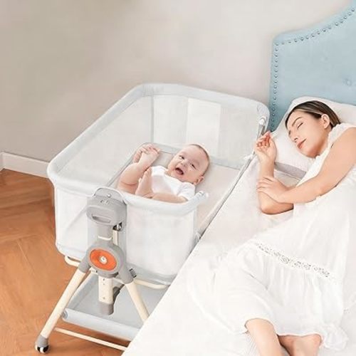 3 in 1 Baby Bassinet, Bedside Bassinet with Musical Toy, Rocking Adjustable Height Bedside Sleeper with Wheels and Storage Basket, All Mesh Bedside Crib for Newborn Infant, White