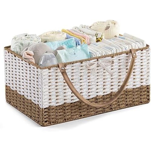 HBlife Diaper Caddy Organizer, Hand-Woven Storage Basket for Diapers & Baby Essentials - Modern Fashion Colorblock Design, Ideal Gift for Baby Shower & Registry Must-Have