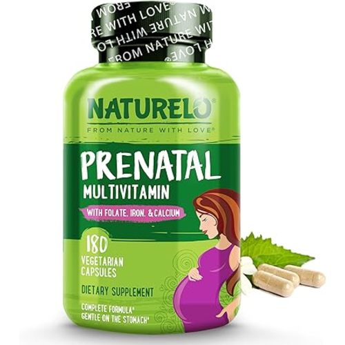 NATURELO Prenatal Multivitamin with Gentle Chelated Iron, Methyl Folate, Plant Calcium & Choline - Vegan, Vegetarian - Non-GMO - Gluten Free - 180 Capsules - 2 Month Supply