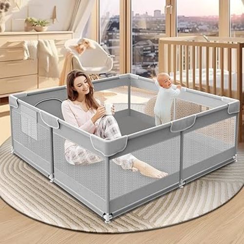 Baby Playpen 50 x 50 Inch Play Pen Playards, Playpen for Babies and Toddlers, Baby Playard for Indoor & Outdoor Active Center Game Fence, with Skin-Friendly Fabric and Soft Breathable Mesh Grey