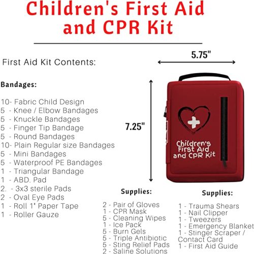 Portable First Aid Kit for Kids with CPR Shield - Ideal for Home, Car, School, Camping, and as a Travel First aid kit. Latex-Free Bandages – Children First Aid Guide by The Life Safety Pro - Medium