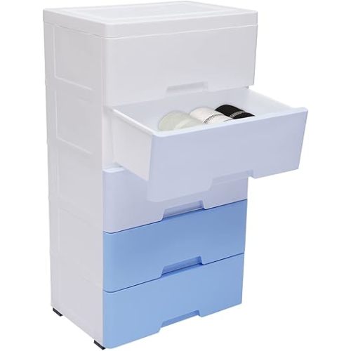Plastic Drawers Dresser Storage Cabinet 5 Drawer Stackable Vertical Clothes Storage Tower, Bedroom Tall Small Chest Closet, Organizer Unit for Hallway Entryway Home (Blue)