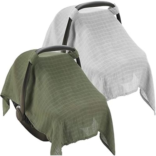 2 Pieces Muslin Carseat Cover Muslin Baby Car Seat Canopy Breathable Soft Car Seat Covers for Babies Boys Girls Infant Newborn (Grey, Green)