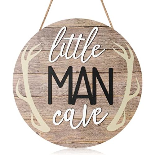 Blulu Little Man Cave Sign 12 x 12 Inch Little Man Cave Decoration for Nursery Wooden Wall Room Wall Decor Rustic Round Wood Sign Decor