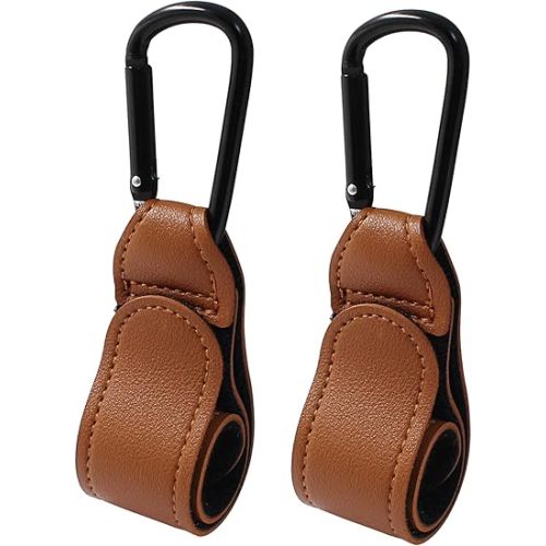 2 Pcs Stroller Hooks for Diaper Bag - Durable Leather Stroller Straps Diaper Bag Hooks - Stroller Clips for Stroller Wheelchair Shopping Carts - Brown