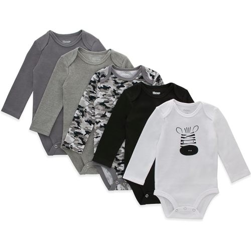 Hanes Unisex-Baby Hanes Baby Long Sleeve Bodysuit, Ultimate Flexy Bodysuits Boys & Girls, 5-Pack - 6-12 Months - Grey/Black