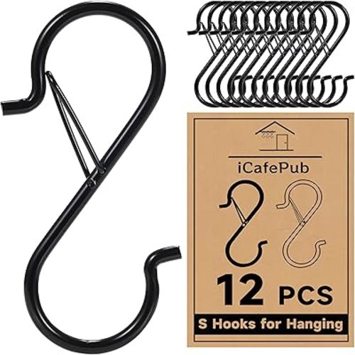 12 PCS S Hooks for Hanging with Safety Buckle, 3.5 inch Heavy Duty Metal S Shaped Hooks for Kitchen Utensil, Cups, Pots, Plants, Bags, Hats (Black)