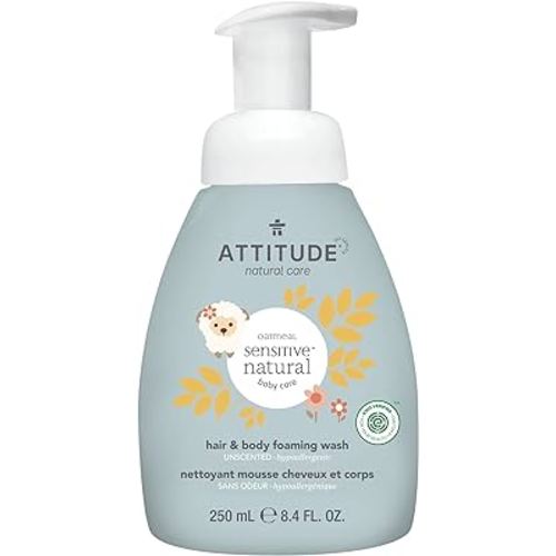 ATTITUDE 2-in-1 Natural Hair and Body Foaming Wash Baby, Fragrance Free, 8.4 Fluid Ounce (ATT-60660)