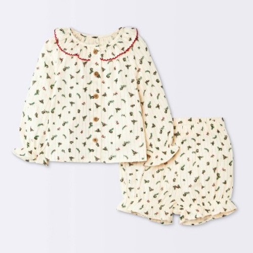 Baby Girls' Christmas Holiday 2pc Holly Berry Long Sleeve Button-Down Top and Bloomer Set - Cloud Island™ Cream 6-9M