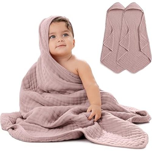 Comfy Cubs Hooded Baby Towel 2-Pack, Large 32 x 32 Inch - 6 Layer 100% Muslin Cotton for Babies, Toddlers and Kids - Soft & Absorbent Baby Bath Towels - Unisex Design for Bath Time - Mauve