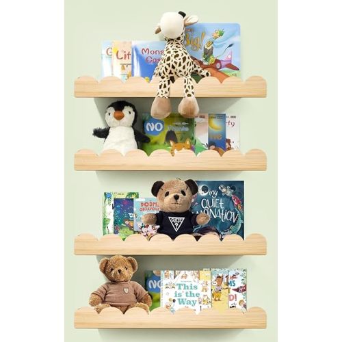 Scalloped Shelves for Nursery - Wall Book Shelves for Bedroom Kids, Nursery Bookshelf for Wall Set of 4, Floating Book Shelves Solid Wood,16 Inch, Natural