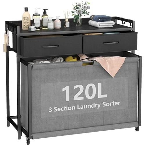 Laundry Hamper Laundry Basket with 3 Section Pull-Out Rolling Bags, Laundry Sorter for Organization and Storage with 2 Pull-Out Drawers for Laundry Room, Bathroom, Bedroom Use (Black)