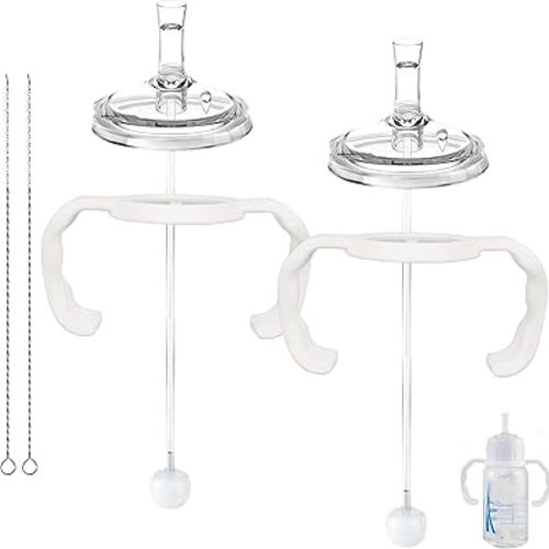 2 Pack Straw Cup Conversion Kit Compatible with Dr Browns Narrow and Narrow Glass Bottles, Spill-Proof Transition Kit with Silicone Straw Nipple, Weighted Straw, Handle