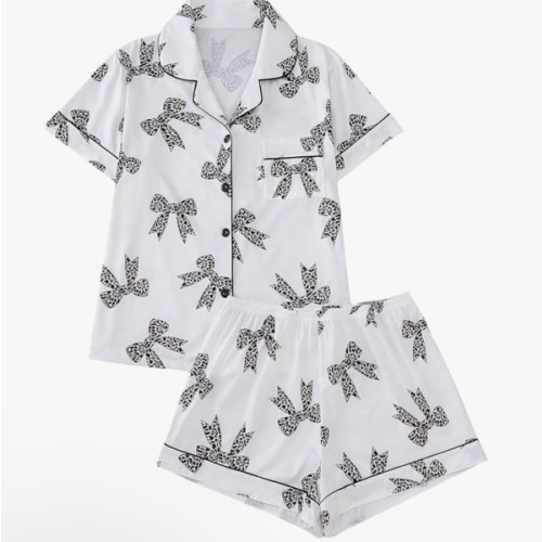 Women's 2 Piece Bow Print Pajama Sets Sleepwear Short Sleeve Button Down Shirt and Shorts Nightwear Pjs Lounge Sets