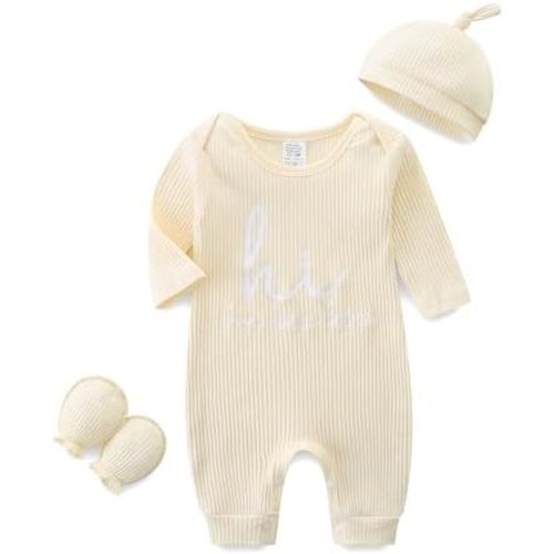 Unisex Newborn Baby Onesie Ribbed Romper Infant Long Sleeve Jumpsuit Hat and Gloves