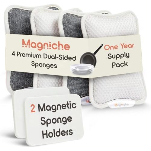Magniche 3-in-1 Dishwashing Cleaning Kit - Magnetic Sponge Holder for Kitchen Sink w/ 4-Pack Dual-Sided Dish Sponges Kitchen Set - Reusable Sponges for Dishes & Magnetic Dish Sponge System Starter Kit